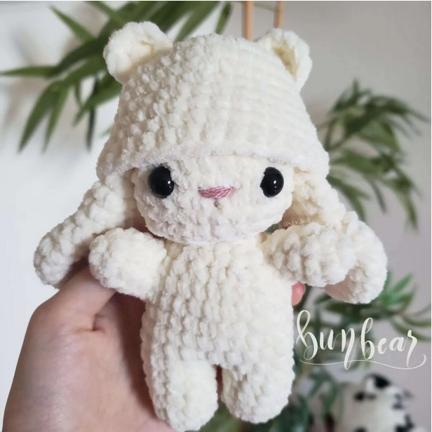 crocheted bunny with bear hat